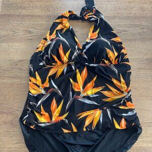 Magicsuit Black Floral SIZE 24W Halter Tie Low Back One Piece Swimsuit NWT E